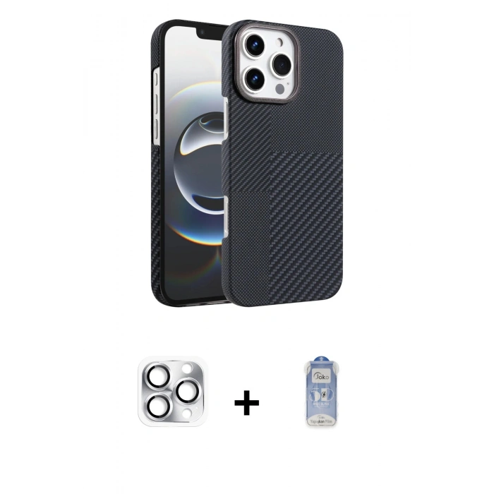 MARSİLYAN™- iPhone 16 Pro Max Kılıf Doruk Serisi - Siyah Joko Magic 5D Cam + Pers Alüminyum Kamera Lens - GS