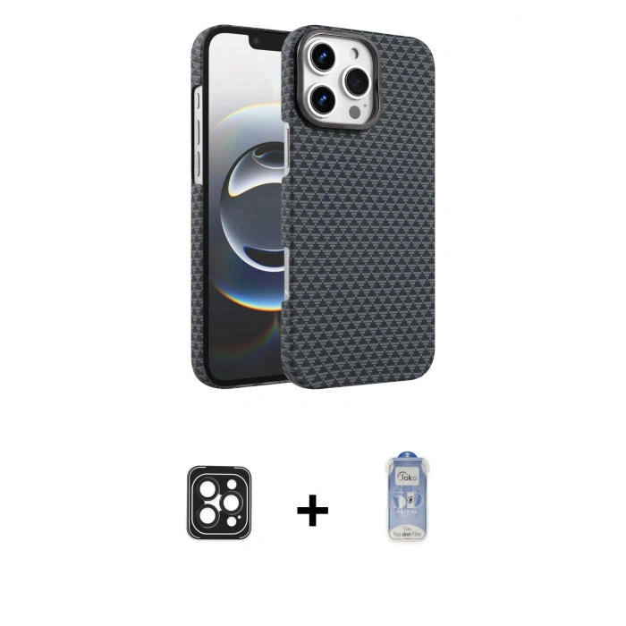 MARSİLYAN™- iPhone 16 Pro Max Kılıf Doruk Serisi - Siyah Joko Magic 5D Cam + PVD Metal Kamera Lens - SH