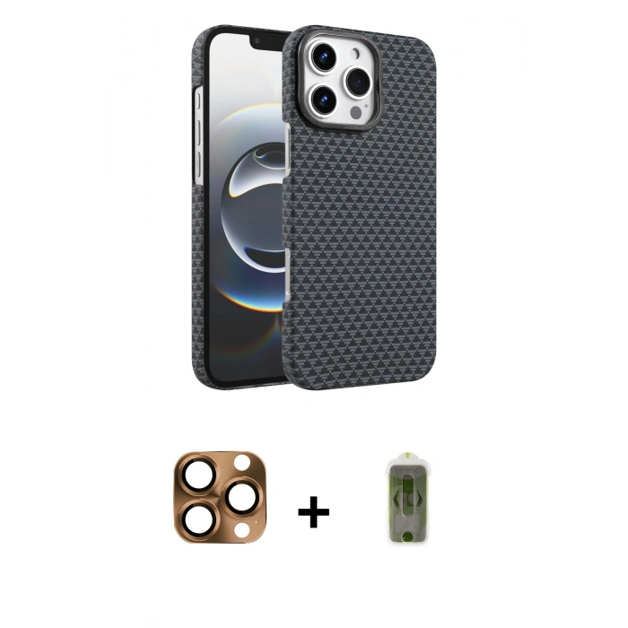 MARSİLYAN™- iPhone 16 Pro Max Kılıf Doruk Serisi - Siyah Joko Magic 5D Hayalet Cam + Pers Alüminyum Kamera Lens - CLTM