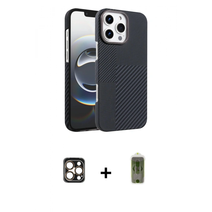 MARSİLYAN™- iPhone 16 Pro Max Kılıf Doruk Serisi - Siyah Joko Magic 5D Hayalet Cam + PVD Metal Kamera Lens - GD