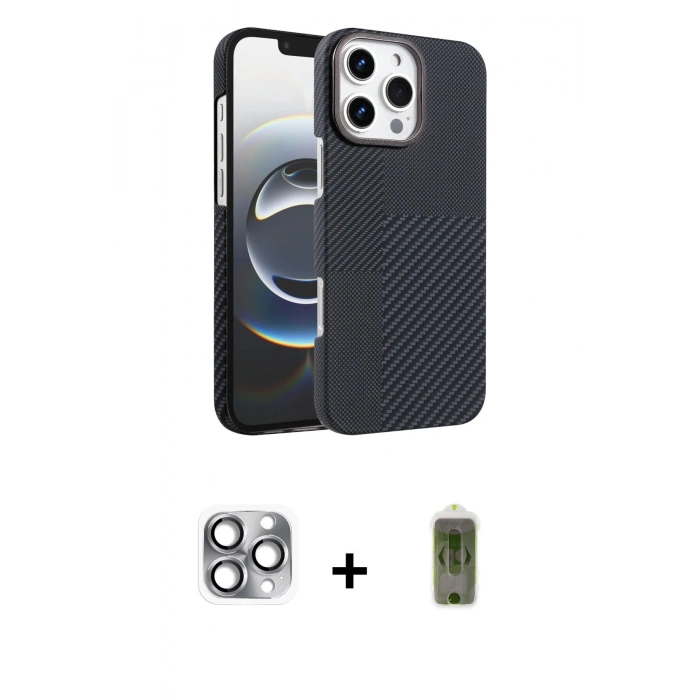 MARSİLYAN™- iPhone 16 Pro Max Kılıf Doruk Serisi - Siyah Joko Magic 5D Hayalet Cam + Pers Alüminyum Kamera Lens - GI