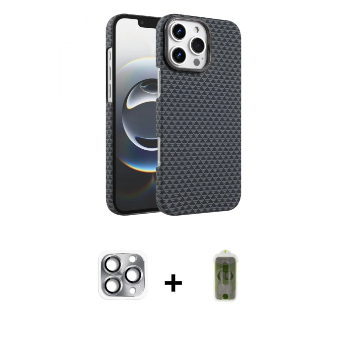 MARSİLYAN™- iPhone 16 Pro Max Kılıf Doruk Serisi - Siyah Joko Magic 5D Hayalet Cam + Pers Alüminyum Kamera Lens - GI