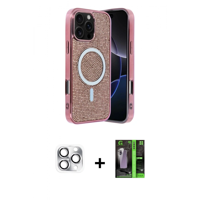 MARSİLYAN™- iPhone 16 Pro Max Kılıf Eksen Çizgi - Şeffaf 360 Full Body Arka Koruyucu + Pers Alüminyum Kamera Lens - GS