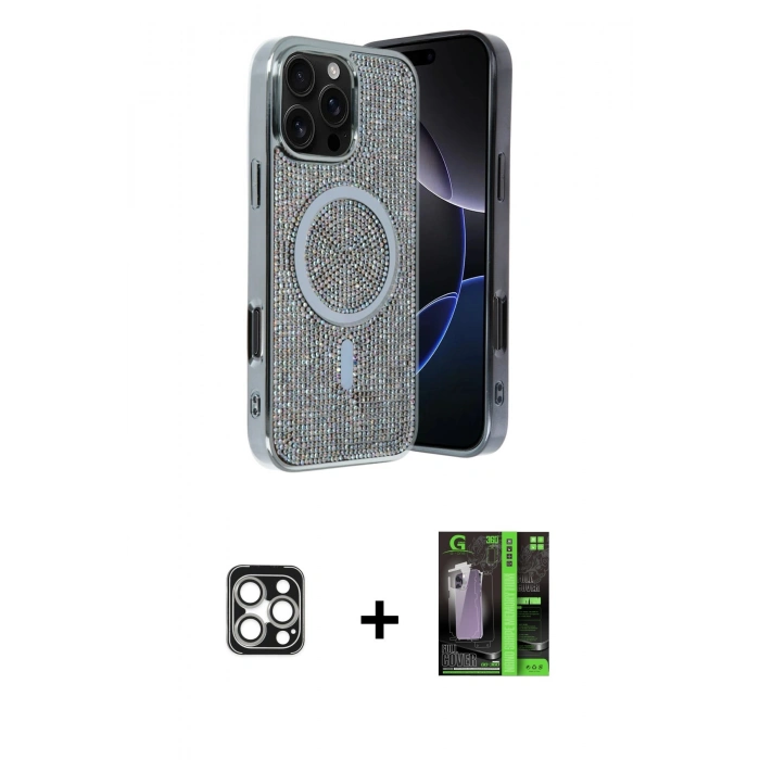 MARSİLYAN™- iPhone 16 Pro Max Kılıf Eksen Çizgi - Şeffaf 360 Full Body Arka Koruyucu + PVD Metal Kamera Lens - GS