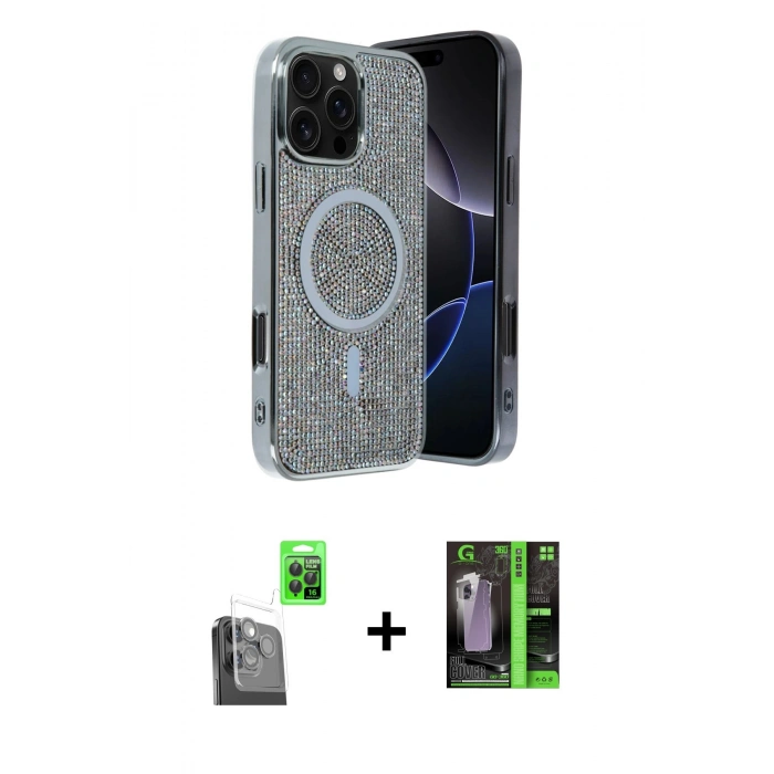 MARSİLYAN™- iPhone 16 Pro Max Kılıf Eksen Çizgi - Şeffaf 360 Full Body Arka Koruyucu + Siyah Raze Metal Kamera Lens
