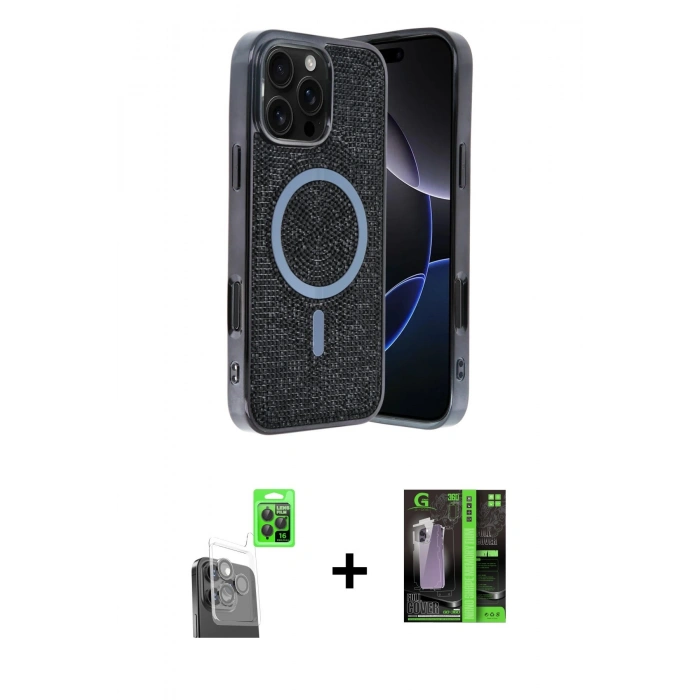 MARSİLYAN™- iPhone 16 Pro Max Kılıf Eksen Çizgi - Şeffaf 360 Full Body Arka Koruyucu + Siyah Raze Metal Kamera Lens