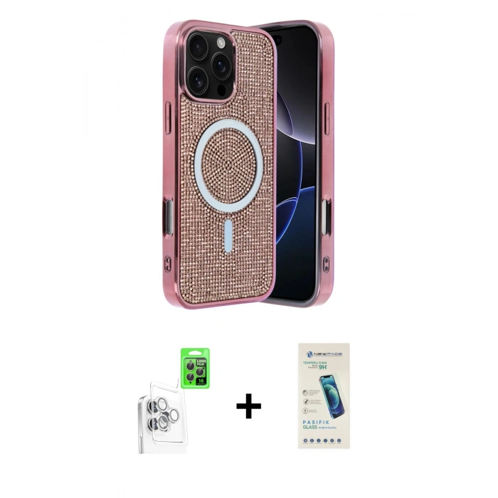 MARSİLYAN™- iPhone 16 Pro Max Kılıf Eksen Çizgi - Şeffaf Pasifik Cam Ekran Koruyucu + Raze Metal Kamera Lens - BZ
