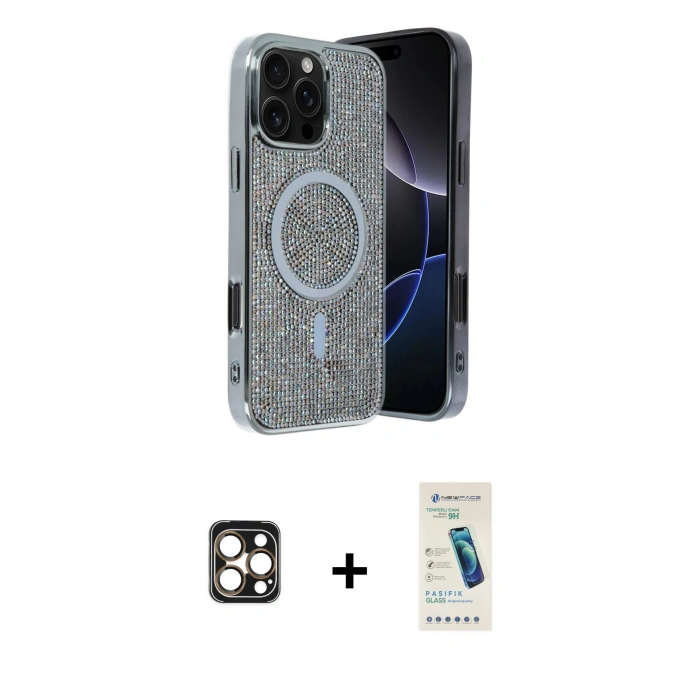 MARSİLYAN™- iPhone 16 Pro Max Kılıf Eksen Çizgi - Şeffaf Pasifik Cam Ekran Koruyucu + Gold PVD Metal Kamera Lens