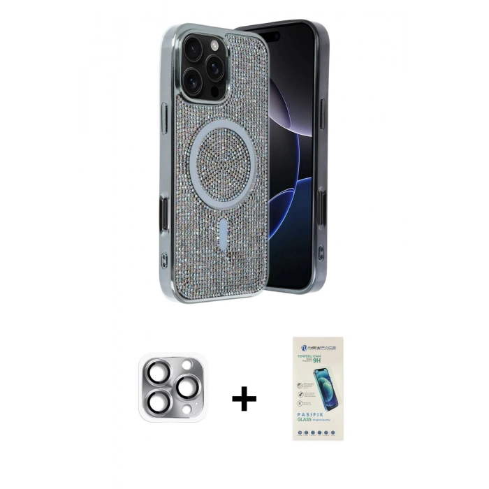 MARSİLYAN™- iPhone 16 Pro Max Kılıf Eksen Çizgi - Şeffaf Pasifik Cam Ekran Koruyucu + Pers Alüminyum Kamera Lens - GI