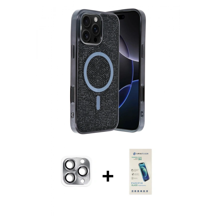 MARSİLYAN™- iPhone 16 Pro Max Kılıf Eksen Çizgi - Şeffaf Pasifik Cam Ekran Koruyucu + Pers Alüminyum Kamera Lens - GI
