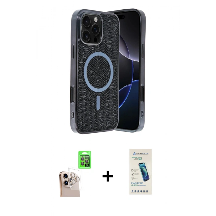 MARSİLYAN™- iPhone 16 Pro Max Kılıf Eksen Çizgi - Şeffaf Pasifik Cam Ekran Koruyucu + Raze Metal Kamera Lens - NLGY