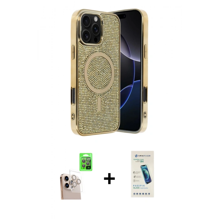 MARSİLYAN™- iPhone 16 Pro Max Kılıf Eksen Çizgi - Şeffaf Pasifik Cam Ekran Koruyucu + Raze Metal Kamera Lens - NLGY
