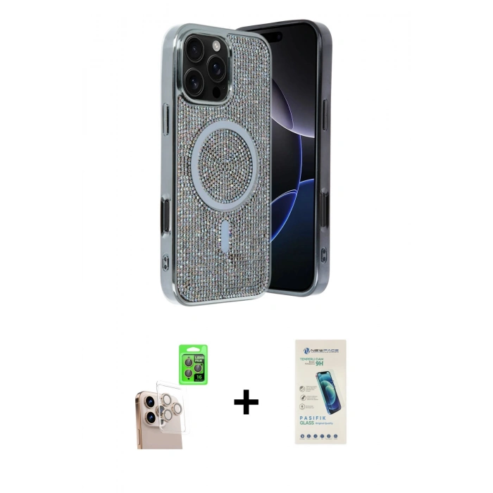 MARSİLYAN™- iPhone 16 Pro Max Kılıf Eksen Çizgi - Şeffaf Pasifik Cam Ekran Koruyucu + Raze Metal Kamera Lens - NLGY