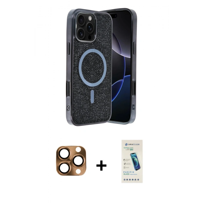 MARSİLYAN™- iPhone 16 Pro Max Kılıf Eksen Çizgi - Şeffaf Pasifik Cam Ekran Koruyucu + Pers Alüminyum Kamera Lens - CLTM