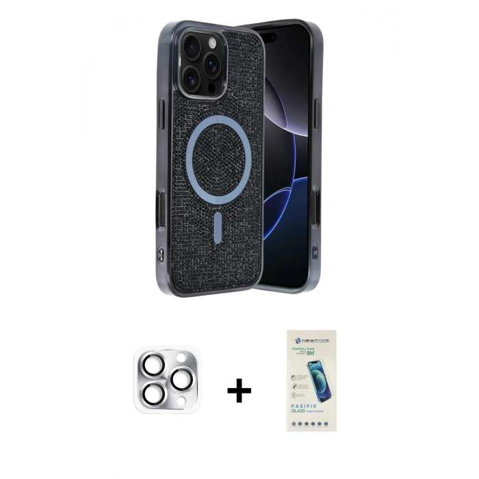 MARSİLYAN™- iPhone 16 Pro Max Kılıf Eksen Çizgi - Şeffaf Pasifik Cam Ekran Koruyucu + Pers Alüminyum Kamera Lens - GS
