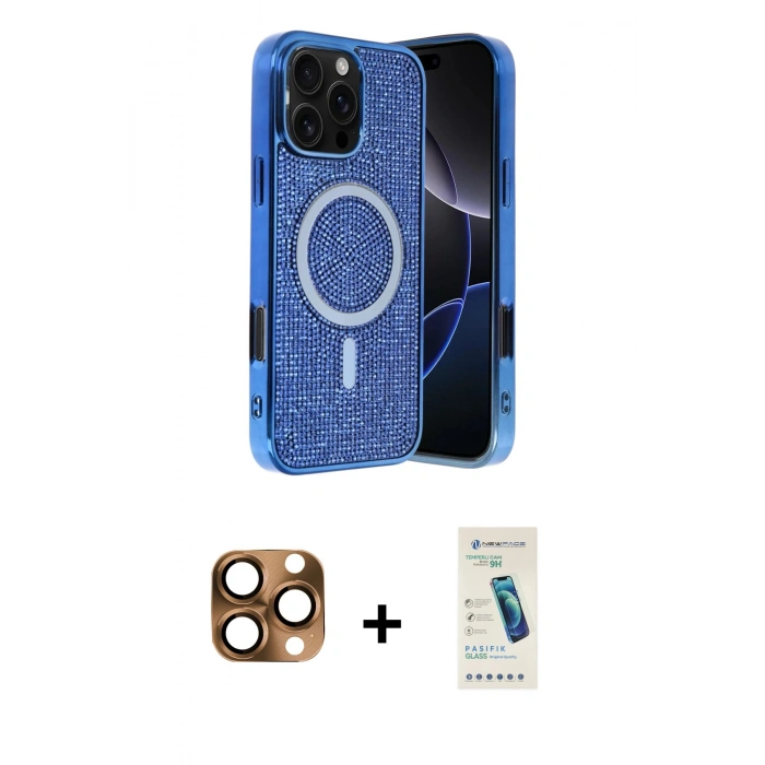 MARSİLYAN™- iPhone 16 Pro Max Kılıf Eksen Çizgi - Şeffaf Pasifik Cam Ekran Koruyucu + Pers Alüminyum Kamera Lens - CLTM