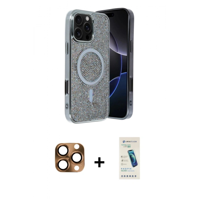 MARSİLYAN™- iPhone 16 Pro Max Kılıf Eksen Çizgi - Şeffaf Pasifik Cam Ekran Koruyucu + Pers Alüminyum Kamera Lens - CLTM