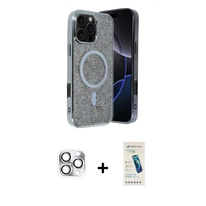 MARSİLYAN™- iPhone 16 Pro Max Kılıf Eksen Çizgi - Şeffaf Pasifik Cam Ekran Koruyucu + Pers Alüminyum Kamera Lens - GS