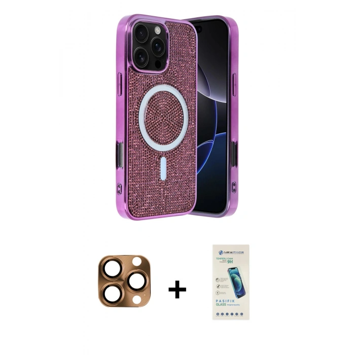 MARSİLYAN™- iPhone 16 Pro Max Kılıf Eksen Çizgi - Şeffaf Pasifik Cam Ekran Koruyucu + Pers Alüminyum Kamera Lens - CLTM