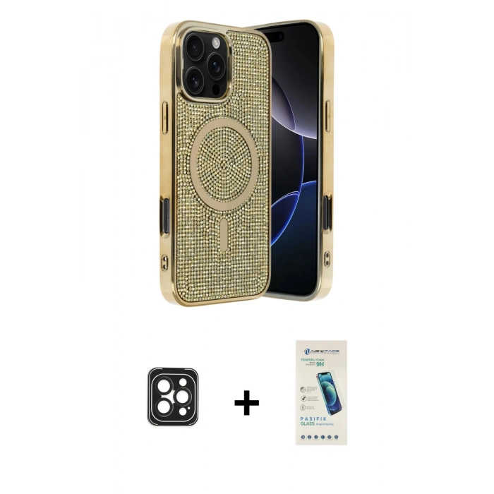 MARSİLYAN™- iPhone 16 Pro Max Kılıf Eksen Çizgi - Şeffaf Pasifik Cam Ekran Koruyucu + PVD Metal Kamera Lens - SH
