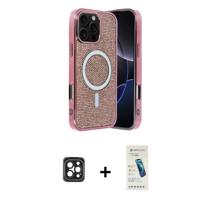 MARSİLYAN™- iPhone 16 Pro Max Kılıf Eksen Çizgi - Şeffaf Pasifik Cam Ekran Koruyucu + PVD Metal Kamera Lens - SH