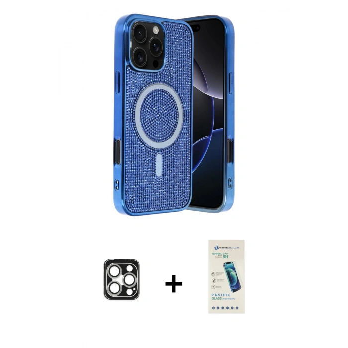 MARSİLYAN™- iPhone 16 Pro Max Kılıf Eksen Çizgi - Şeffaf Pasifik Cam Ekran Koruyucu + PVD Metal Kamera Lens - GS