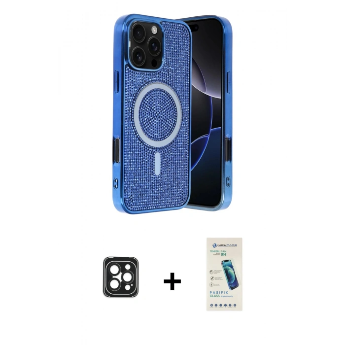 MARSİLYAN™- iPhone 16 Pro Max Kılıf Eksen Çizgi - Şeffaf Pasifik Cam Ekran Koruyucu + PVD Metal Kamera Lens - SH