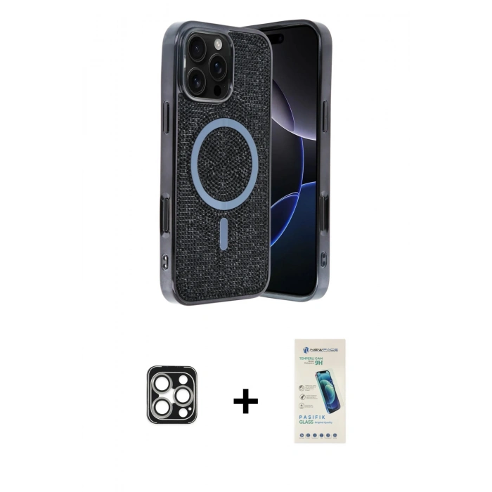 MARSİLYAN™- iPhone 16 Pro Max Kılıf Eksen Çizgi - Şeffaf Pasifik Cam Ekran Koruyucu + PVD Metal Kamera Lens - GS