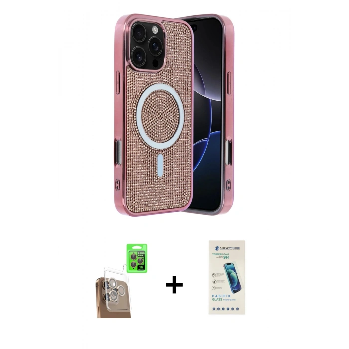 MARSİLYAN™- iPhone 16 Pro Max Kılıf Eksen Çizgi - Şeffaf Pasifik Cam Ekran Koruyucu + Raze Metal Kamera Lens - CLTM