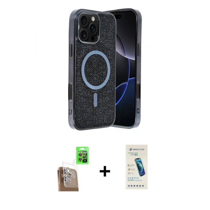 MARSİLYAN™- iPhone 16 Pro Max Kılıf Eksen Çizgi - Şeffaf Pasifik Cam Ekran Koruyucu + Raze Metal Kamera Lens - CLTM