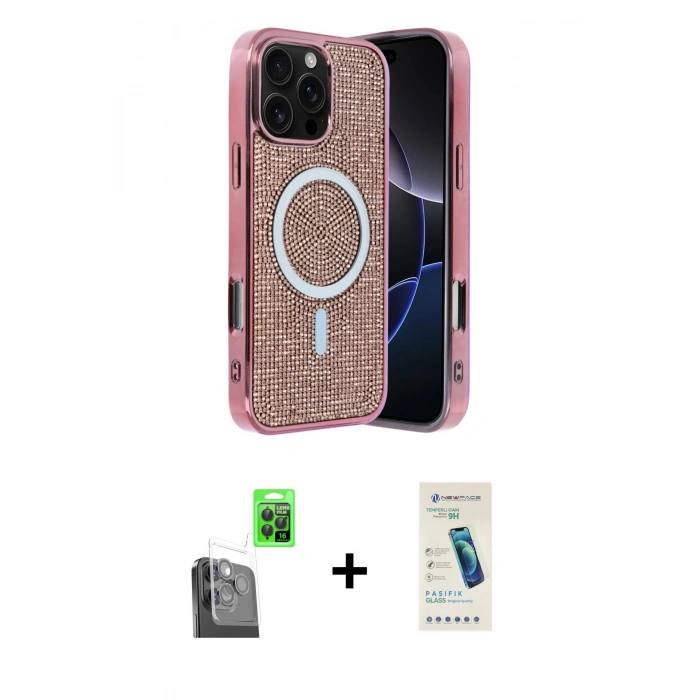 MARSİLYAN™- iPhone 16 Pro Max Kılıf Eksen Çizgi - Şeffaf Pasifik Cam Ekran Koruyucu + Raze Metal Kamera Lens - SH