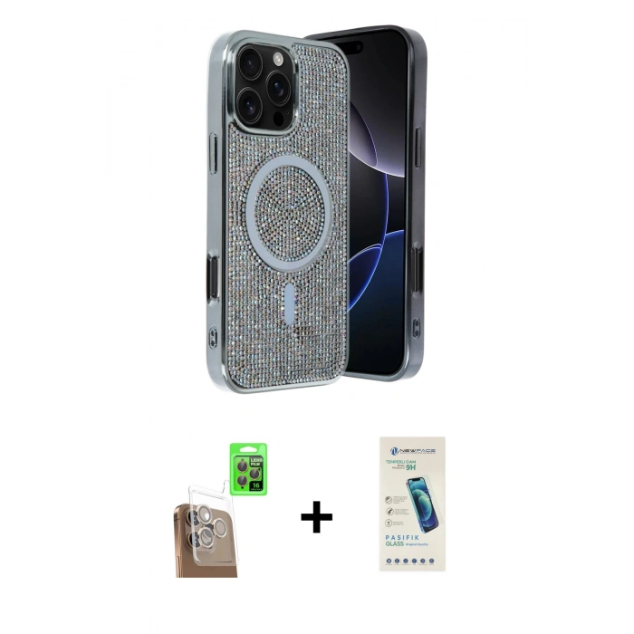MARSİLYAN™- iPhone 16 Pro Max Kılıf Eksen Çizgi - Şeffaf Pasifik Cam Ekran Koruyucu + Raze Metal Kamera Lens - CLTM