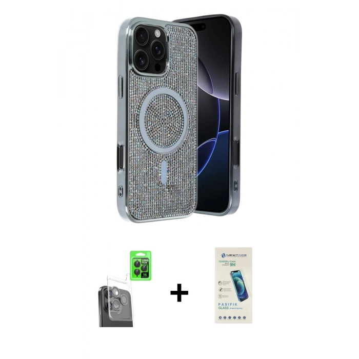MARSİLYAN™- iPhone 16 Pro Max Kılıf Eksen Çizgi - Şeffaf Pasifik Cam Ekran Koruyucu + Raze Metal Kamera Lens - SH