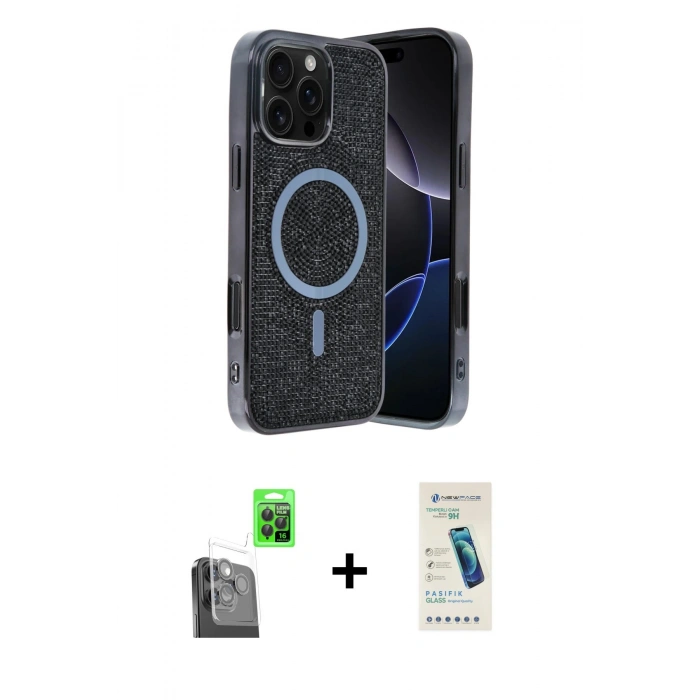 MARSİLYAN™- iPhone 16 Pro Max Kılıf Eksen Çizgi - Şeffaf Pasifik Cam Ekran Koruyucu + Raze Metal Kamera Lens - SH