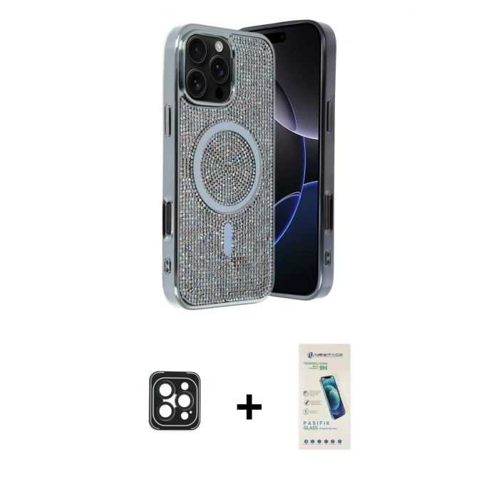 MARSİLYAN™- iPhone 16 Pro Max Kılıf Eksen Çizgi - Şeffaf Pasifik Cam Ekran Koruyucu + PVD Metal Kamera Lens - SH