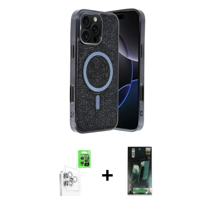 MARSİLYAN™- iPhone 16 Pro Max Kılıf Eksen Çizgi - Siyah 360 Mat Full Body Arka Koruyucu + Raze Metal Kamera Lens - BZ