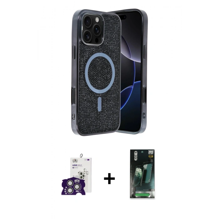 MARSİLYAN™- iPhone 16 Pro Max Kılıf Eksen Çizgi - Siyah 360 Mat Full Body Arka Koruyucu + Bilvis Titan Kamera Lens - GS