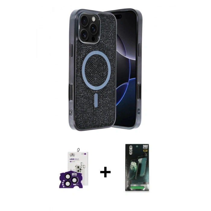 MARSİLYAN™- iPhone 16 Pro Max Kılıf Eksen Çizgi - Siyah 360 Mat Full Body Arka Koruyucu + Bilvis Titan Kamera Lens - SH