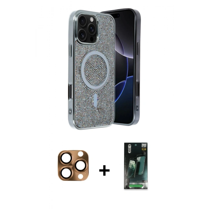MARSİLYAN™- iPhone 16 Pro Max Kılıf Eksen Çizgi - Siyah 360 Mat Full Body Arka Koruyucu + Çöl Titanyum Pers Alüminyum Kamera Lens