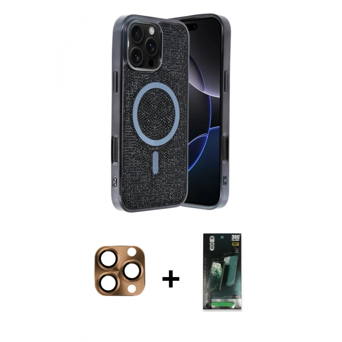 MARSİLYAN™- iPhone 16 Pro Max Kılıf Eksen Çizgi - Siyah 360 Mat Full Body Arka Koruyucu + Çöl Titanyum Pers Alüminyum Kamera Lens
