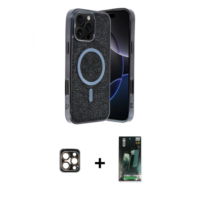 MARSİLYAN™- iPhone 16 Pro Max Kılıf Eksen Çizgi - Siyah 360 Mat Full Body Arka Koruyucu + PVD Metal Kamera Lens - GD