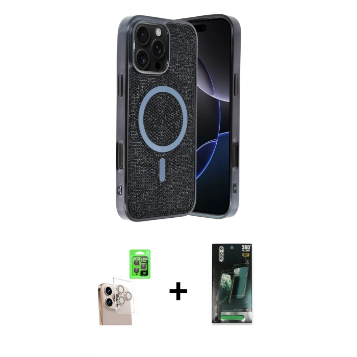 MARSİLYAN™- iPhone 16 Pro Max Kılıf Eksen Çizgi - Siyah 360 Mat Full Body Arka Koruyucu + Raze Metal Kamera Lens - NLGY