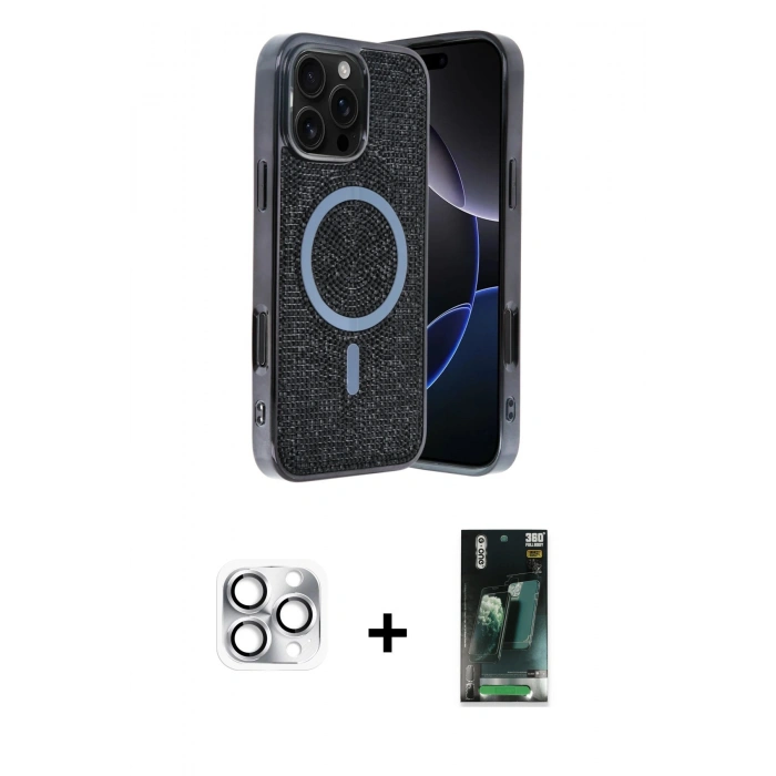 MARSİLYAN™- iPhone 16 Pro Max Kılıf Eksen Çizgi - Siyah 360 Mat Full Body Arka Koruyucu + Pers Alüminyum Kamera Lens - GS