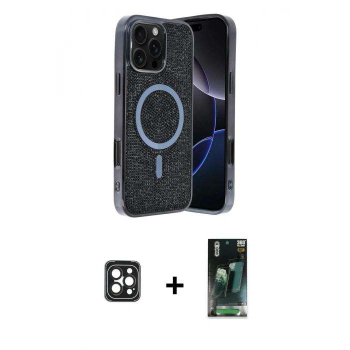 MARSİLYAN™- iPhone 16 Pro Max Kılıf Eksen Çizgi - Siyah 360 Mat Full Body Arka Koruyucu + PVD Metal Kamera Lens - SH