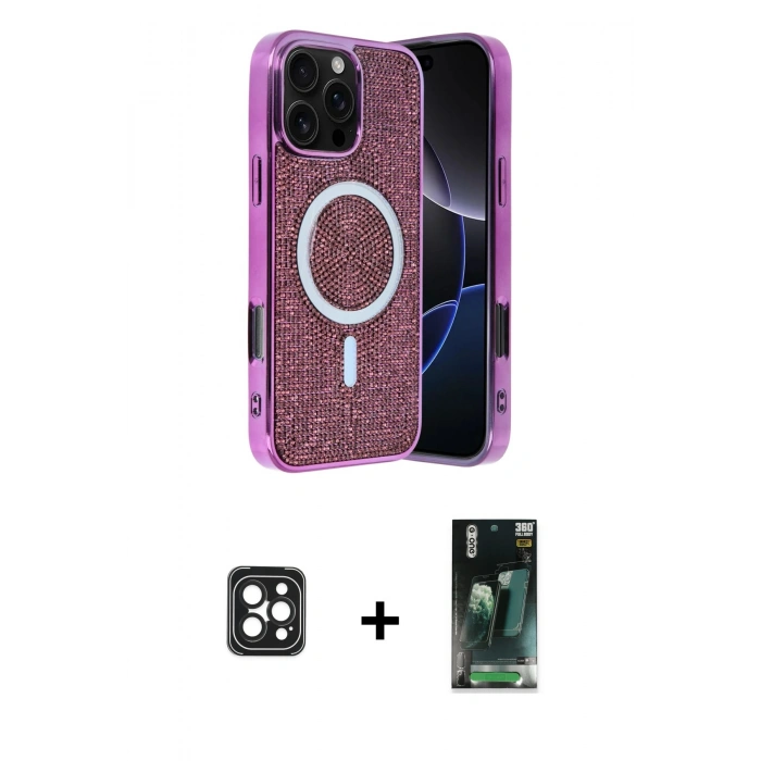 MARSİLYAN™- iPhone 16 Pro Max Kılıf Eksen Çizgi - Siyah 360 Mat Full Body Arka Koruyucu + PVD Metal Kamera Lens - SH