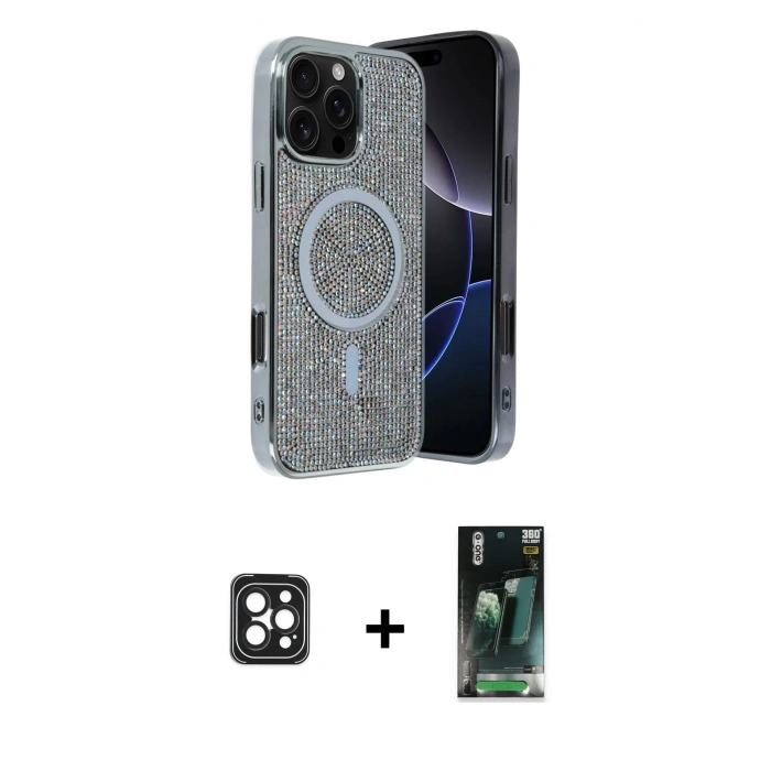 MARSİLYAN™- iPhone 16 Pro Max Kılıf Eksen Çizgi - Siyah 360 Mat Full Body Arka Koruyucu + PVD Metal Kamera Lens - SH