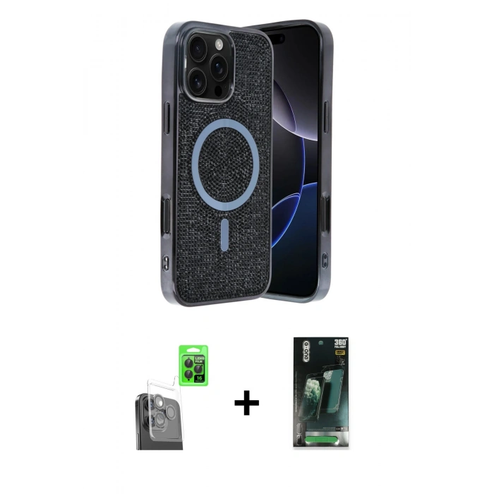 MARSİLYAN™- iPhone 16 Pro Max Kılıf Eksen Çizgi - Siyah 360 Mat Full Body Arka Koruyucu + Raze Metal Kamera Lens - SH