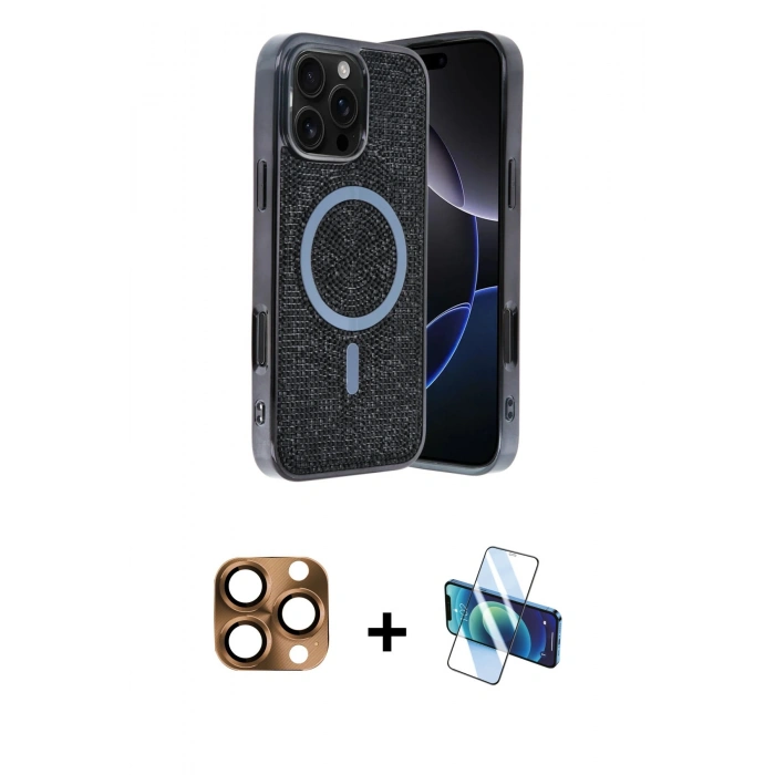 MARSİLYAN™- iPhone 16 Pro Max Kılıf Eksen Çizgi - Siyah 3D Antistatik Cam Ekran Koruyucu + Pers Alüminyum Kamera Lens - CLTM