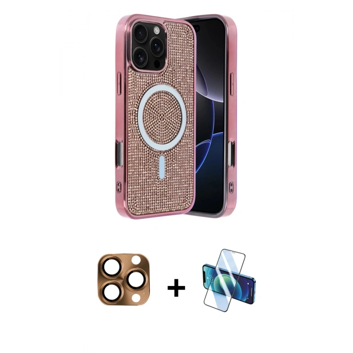 MARSİLYAN™- iPhone 16 Pro Max Kılıf Eksen Çizgi - Siyah 3D Antistatik Cam Ekran Koruyucu + Pers Alüminyum Kamera Lens - CLTM