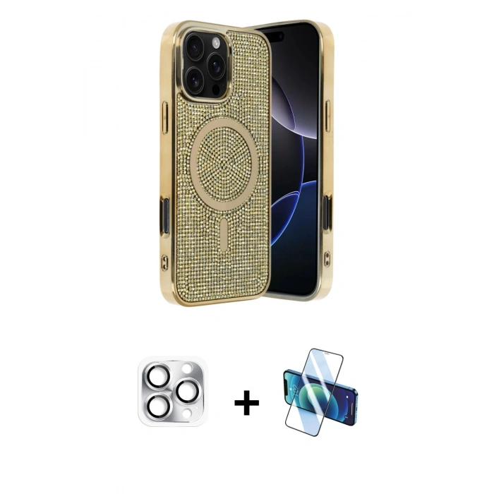 MARSİLYAN™- iPhone 16 Pro Max Kılıf Eksen Çizgi - Siyah 3D Antistatik Cam Ekran Koruyucu + Pers Alüminyum Kamera Lens - GS